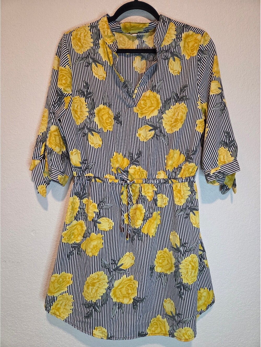 Hint of Blush XL Yellow Floral Stripe Dress with Waist Tie